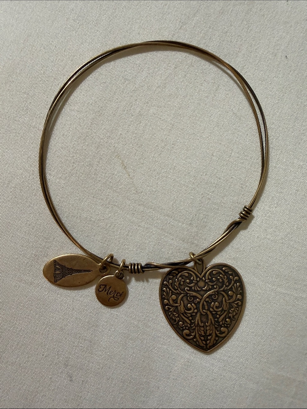 Antique Brass Heart Charm Bangle Bracelet - Bronze Tone